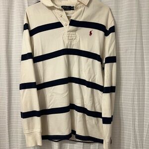 Ralph Lauren Men's Cream and Black Striped Long Sleeve Shirt